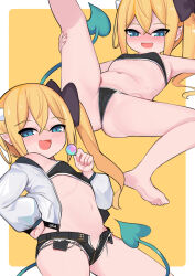  1girl blonde_hair blue_eyes cameltoe cleft_of_venus demon_girl demon_tail fang feet loli multiple_views navel original panties smile solo spread_legs stomach surio tail toes underwear underwear_only yellow_background  rating:Questionable score:28 user:justthistime