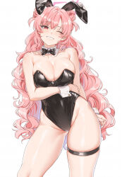  1girl alternate_costume animal_ears arm_under_breasts bare_arms bare_shoulders black_bow black_bowtie black_leotard blue_archive blush bow bowtie breasts cleavage collarbone commentary_request detached_collar double_bun fake_animal_ears fangxiang_cuoluan hair_bun highleg highleg_leotard highres kirara_(blue_archive) large_breasts leotard long_hair looking_at_viewer one_eye_closed pink_hair playboy_bunny rabbit_ears red_eyes simple_background smile solo thigh_strap thighs white_background wrist_cuffs 