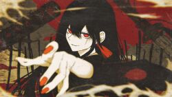  1girl black_hair katana original reaching reaching_towards_viewer red_background red_eyes solo sword washiya0 weapon  rating:Sensitive score:2 user:Hullyen
