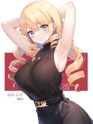  1girl absurdres alice_gear_aegis armpits arms_behind_head arms_up belt black_belt black_skirt blonde_hair blush breasts closed_mouth commentary_request dated drill_hair drill_sidelocks green_eyes highres jewelry kakerayuri large_breasts long_hair looking_at_viewer necklace nicole_francesca sideboob sidelocks signature skirt sleeveless sleeveless_turtleneck smile solo turtleneck 