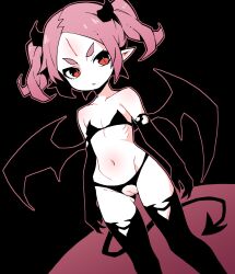  1girl absurdres akableak black_panties black_thighhighs commentary crotchless crotchless_panties demon_girl demon_tail demon_wings expressionless flat_chest highres loli looking_at_viewer navel original panties pink_hair pointy_ears puffy_sleeves red_eyes short_twintails slit_pupils solo tail thick_eyebrows thighhighs twintails underwear wings 