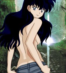  1girl back black_hair blue_eyes breasts butt_crack denim female_focus higurashi_kagome inuyasha jeans light_smile long_hair looking_at_viewer looking_back nature outdoors over_shoulder pants smile solo tomboy topfreedom topless  rating:Questionable score:49 user:hepa47