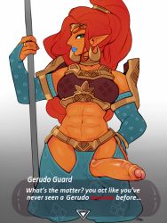  1girl abs armor blue_lips dark-skinned_female dark_skin dialogue_box earrings erection futanari gerudo jewelry large_penis lipstick looking_at_viewer makeup midriff muscular muscular_female navel nintendo penis pointy_ears r4 r4drawings red_hair solo the_legend_of_zelda the_legend_of_zelda:_breath_of_the_wild toned uncensored  rating:Explicit score:186 user:danbooru
