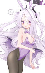  1girl absurdres animal_ears blue_archive blush bow bowtie demon_horns demon_wings detached_collar fake_animal_ears hair_between_eyes halo highres hina_(blue_archive) horns leotard long_hair looking_at_viewer low_wings multiple_horns open_mouth pantyhose parted_bangs playboy_bunny purple_eyes purple_horns rabbit_ears rabbit_girl sentouryoku_5 simple_background solo strapless strapless_leotard sweat two_side_up white_background white_hair wings  rating:Sensitive score:23 user:danbooru