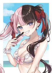  1girl absurdres bikini blue_eyes blue_sky blush border bow breasts brown_hair brown_nails cat_kan_0430 cellphone cloud double_bun earrings fang frilled_bikini frills grin hair_bow hair_bun heart heart_earrings highres holding holding_phone jewelry long_hair looking_at_viewer medium_breasts multicolored_hair ocean phone pink_bow pink_hair pink_lips red_bow scrunchie sky smartphone smile solo split-color_hair swimsuit tachibana_hinano_(vtuber) twintails two-tone_hair very_long_hair virtual_youtuber vspo! wet white_bikini white_border white_scrunchie wind wrist_scrunchie 