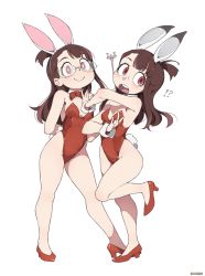 1girl absurdres animal_ears breasts brown_hair cleavage dual_persona fake_animal_ears glasses high_heels highres kagari_atsuko little_witch_academia long_hair once_11h playboy_bunny rabbit_ears wand rating:Sensitive score:55 user:twilight_jester