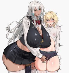  1boy 1futa androgynous arms_behind_back ball_busting bdsm black_skirt blonde_hair blue_eyes blush bow breasts cbt cleavage covered_erect_nipples cum curvy dark_elf ejaculation elf femdom futa_with_male futanari green_eyes grey_hair handsfree_ejaculation highres huge_breasts large_areolae large_penis long_hair midriff original penis penis_sheath penis_size_difference plump pointy_ears sadism seito_edaha skirt small_penis testicle_grab twitching 