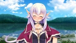  1girl ^_^ atelier-moo black_bustier blush breasts capelet cleavage closed_eyes closed_mouth cloud collar dark_elf elf embarrassed forest hair_between_eyes highres lake large_breasts long_hair long_pointy_ears nature pointy_ears purple_capelet purple_hair silvia_milsteen sky smile solo standing upper_body very_long_hair wizards_symphony 
