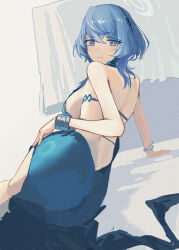  1girl absurdres ako_(blue_archive) ako_(dress)_(blue_archive) ass back backless_dress backless_outfit bare_shoulders blue_archive blue_eyes blue_hair bracelet breasts closed_mouth commentary_request dress evening_gown from_behind frown hair_between_eyes halo highres huaano jewelry large_breasts long_hair looking_at_viewer looking_back official_alternate_costume sideboob solo strapless strapless_dress white_halo 