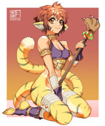  1girl 604yue :3 animal_ears armlet bandages body_fur border bottomless breasts breath_of_fire breath_of_fire_ii claws commentary crop_top english_commentary facial_mark fingerless_gloves gloves gradient_background holding holding_staff holding_weapon jewelry kneeling monster_girl neck_ring outside_border purple_footwear purple_gloves red_hair rinpoo_chuan short_hair solo staff stirrup_footwear striped_fur tail tiger_tail twitter_username weapon white_border 