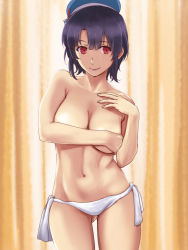 10s 1girl beret bikini bikini_bottom_only black_hair breasts covering_privates covering_breasts cowboy_shot gluteal_fold hand_on_own_chest hat ishii_hisao kantai_collection large_breasts lips lipstick makeup red_eyes short_hair side-tie_bikini_bottom solo swimsuit takao_(kancolle) thighs topless white_bikini rating:Questionable score:11 user:danbooru