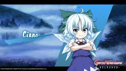 1girl aqua-lia aqua_style bad_id blue_eyes blue_hair blue_skirt blue_vest blush bow character_name cirno closed_mouth collared_shirt copyright_name copyright_notice crossed_arms english_text fairy fushigi_no_gensokyo green_bow hair_between_eyes hair_bow hair_ornament highres ice ice_wings logo looking_at_viewer neck_ribbon nippon_ichi nis_america official_art puffy_short_sleeves puffy_sleeves red_ribbon ribbon shirt short_hair short_sleeves skirt skirt_set smile smug solo team_shanghai_alice touhou vest wallpaper white_hair white_shirt wings