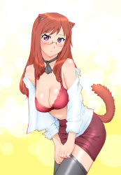  10s 1girl amelita_tremper amelita_trompette animal_ears blush bra breasts brown_hair cleavage clothes_pull dog_days dog_ears dog_tail embarrassed glasses grey_pantyhose highres large_breasts lingerie long_hair open_clothes open_shirt pantyhose pantyhose_pull purple_eyes shirt skirt solo tail ueyama_michirou underwear  rating:Sensitive score:33 user:danbooru