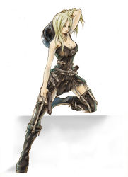  1girl adjusting_hair arm_up aya_brea bare_shoulders belt blonde_hair boots breasts cleavage donarudo_coffee84 female_focus full_body gradient_background green_eyes gun helmet highres long_hair parasite_eve solo weapon white_background 