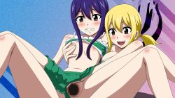 2girls blonde_hair blue_hair brown_eyes censored fairy_tail highres loli lucy_heartfilia multiple_girls nipples pussy sex skirt wendy_marvell rating:Explicit score:25 user:Wendy_Marvell