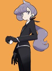  1girl anabel_(pokemon) black_gloves black_jacket black_pants closed_mouth creatures_(company) earpiece from_side game_freak gloves highres holding holding_poke_ball jacket long_hair looking_at_viewer nintendo pants poke_ball pokemon pokemon_sm ponytail purple_eyes purple_hair rii_(mrhc7482) shirt solo ultra_ball white_shirt yellow_background 