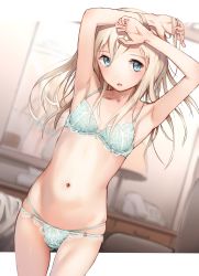  1girl aqua_panties armpits arms_up bare_arms bare_shoulders blonde_hair blue_eyes blush border bow bra breasts collarbone commentary_request cowboy_shot dutch_angle gluteal_fold groin hair_between_eyes hands_in_hair highres indoors kabayaki_namazu kantai_collection lace lace-trimmed_bra lace_trim long_hair looking_at_viewer navel o-ring open_mouth panties panties_under_panties small_breasts solo standing stomach thighs u-511_(kancolle) underwear underwear_only white_border  rating:Sensitive score:72 user:danbooru