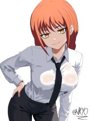  1girl arms_behind_back bent_over black_necktie black_pants breasts chainsaw_man dress_shirt large_breasts long_sleeves looking_at_viewer makima_(chainsaw_man) necktie pants ringed_eyes see-through see-through_shirt self-upload shirt shirt_tucked_in sidelocks smile vkyo_ white_shirt yellow_eyes  rating:Sensitive score:9 user:VKyo