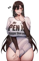  1girl absurdres blush breasts brown_eyes brown_hair bulge clothes_writing covered_testicles erection erection_under_clothes futanari highres huge_breasts huge_penis penis shirt simple_background small_penis_humiliation solo standing testicles unbeller white_background wide_hips  rating:Explicit score:349 user:MonsterFuta
