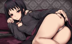  1girl bad_id bad_twitter_id black_hair black_shirt breasts bullfalk commentary_request covered_erect_nipples demon_girl demon_horns feet_out_of_frame hand_in_panties hand_on_own_ass hand_up horns long_sleeves looking_at_viewer lying medium_breasts medium_hair nipple_slip nipples on_side original panties pantyshot partially_visible_vulva red_eyes shirt solo underwear white_panties 