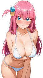  1girl absurdres arm_under_breasts bare_shoulders blue_eyes blush bocchi_the_rock! bra breasts cleavage closed_mouth collarbone commentary_request crying crying_with_eyes_open cube_hair_ornament gluteal_fold gotoh_hitori hair_between_eyes hair_ornament hair_over_shoulder highres huge_breasts long_hair looking_at_viewer navel o-ring_bra one_side_up panties pink_hair pink_lips raiden_(kdsn3783) simple_background solo stomach tears thighs undersized_breast_cup underwear white_background white_bra white_panties 