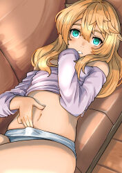  absurdres blonde_hair bridget_(guilty_gear) couch guilty_gear guilty_gear_strive hand_in_panties highres long_hair looking_at_viewer lying navel off-shoulder_shirt off_shoulder on_back on_couch open_mouth panties shirt solo stomach sugajyun trap underwear  rating:Questionable score:17 user:danbooru