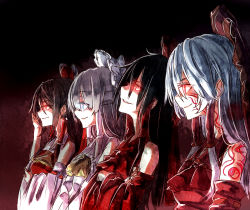  4girls ascot bare_shoulders bow concealed_the_conclusion crossed_arms detached_sleeves evil_grin evil_smile glowing glowing_eyes gradient_background grin group_picture group_profile hair_bow hair_tubes hakurei_reimu lineup long_hair m.u.g.e.n maga-reimu multiple_girls multiple_persona onimiko profile rion_(glayjirobass) smile tattoo touhou upper_body yin_yang 