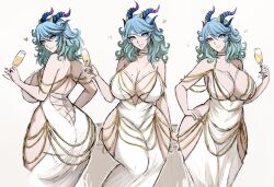 1girl ass bare_back bare_shoulders blue_eyes blue_hair breasts butt_crack champagne_flute choker cleavage cup dress drinking_glass glass gluteal_fold hand_on_own_hip heart highres hip_vent horn large_breasts modakawa_dress nail_polish omiza_somi original solo white_dress wide_hips