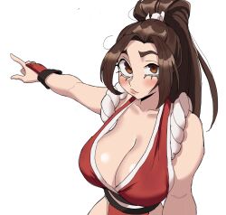 1girl breasts brown_eyes brown_hair cleavage drawfag fatal_fury large_breasts long_hair pointing ponytail shiranui_mai snk solo the_king_of_fighters white_background