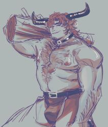 1boy animal_ears bara belly belt_collar bulge carrying_tree closed_eyes clothing_cutout collar cow_boy cow_ears cow_horns cowboy_shot crotchless crotchless_pants earrings facial_hair goatee_stubble hairy horns huge_pectorals jade_poon_(pooniverse) jewelry long_sideburns male_focus mature_male muscular muscular_male navel navel_hair nipples original pants red_hair sideburns solo standing stomach stubble thick_arm_hair thick_chest_hair thick_eyebrows thick_navel_hair thigh_cutout topless_male unfinished very_hairy