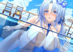  1girl against_glass alsace_(azur_lane) alsace_(heat_beating_summer_sacrament)_(azur_lane) azur_lane bare_shoulders beach_chair between_breasts bikini bird blue_eyes blue_hair blue_nails blue_necktie blue_ribbon blue_sky blush braid breast_press breasts breasts_on_glass chick cleavage cloud collarbone commentary_request day detached_collar flower french_braid hair_flower hair_ornament hair_ribbon highres large_breasts long_hair looking_at_viewer manjuu_(azur_lane) multi-strapped_bikini_bottom navel necktie necktie_between_breasts official_alternate_costume open_mouth outdoors parted_bangs partially_submerged pool ribbon scrunchie sidelocks sitting sky solo_focus stomach sunglasses swimsuit very_long_hair water wet white_bikini wrist_scrunchie yoshi_yubisashi 