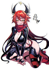  !? 1girl :q afterimage all_fours arm_support artist_name belt black_belt black_gloves black_jacket black_pants blush breasts cleavage clothing_cutout commentary cowlick cropped_jacket crotch_plate fingerless_gloves full_body gloves goddess_of_victory:_nikke hair_between_eyes hair_flaps highres hip_vent horns jacket large_breasts leather leather_jacket leather_pants leg_cutout long_hair long_sleeves looking_at_viewer mechanical_horns pants red_hair red_hood_(nikke) red_scarf ryuu_tou scarf shadow sidelocks simple_background smile solo stag_beetle stomach suspenders tongue tongue_out twitter_username unzipped white_background yellow_eyes zipper 
