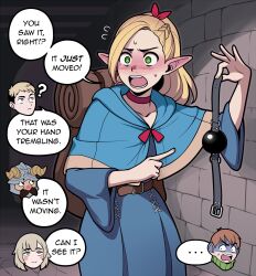  ... ? ball_gag blonde_hair blue_skirt blush brick_wall chilchuck_tims dildo dungeon_meshi english_text falin_touden gag green_eyes highres holding holding_sex_toy indoors jam-orbital laios_touden marcille_donato open_mouth pointy_ears ponytail senshi_(dungeon_meshi) sex_toy skirt speech_bubble spoken_ellipsis tagme teeth 
