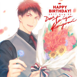  1boy 2017 black_shirt blue_flower bouquet character_name collared_shirt crown_(symbol) dated flower grey_sweater_vest happy_birthday holding holding_flower kagami_taiga kuroko_no_basuke looking_at_viewer male_focus necktie open_mouth red_eyes red_flower red_hair red_necktie shirt smile solo sunflower sweater_vest teeth upper_body white_background yellow_flower yuuto_(sky_cloister) 