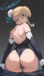  1boy 1girl 1other ass ass_focus back backless_outfit black_gloves blonde_hair blue_archive blue_eyes bow braid breasts elbow_gloves fingerless_gloves gloves halo highres huge_ass leotard looking_at_viewer maid_headdress medium_breasts multicolored_hair pov pov_crotch simao_(x_x36131422) solo streaked_hair thighs toki_(blue_archive)  rating:Sensitive score:262 user:danbooru