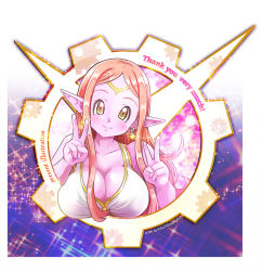 10s 1girl aged_up alternate_breast_size blush breasts chronoa circlet colored_skin dated double_v dragon_ball dragon_ball_heroes dragon_ball_xenoverse earrings english_text eyelashes female_focus jewelry large_breasts long_hair pink_hair pink_skin pointy_ears pomeranianko potara_earrings shiny_skin smile solo sparkle supreme_kai_of_time swimsuit text_focus v yellow_eyes 