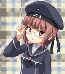  10s 1girl adjusting_eyewear bespectacled blush brown_eyes brown_hair clothes_writing female_focus glasses hat highres kantai_collection maple_takoyaki scarf solo uniform upper_body z3_max_schultz_(kancolle)  rating:Sensitive score:2 user:TwintailTickler
