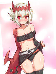  1girl abs bandeau bare_shoulders black_panties blue_background breasts clothes_lift colored_skin cougar_(cougar1404) dragon:_marked_for_death empress_(dmfd) facial_scar grey_hair headgear looking_at_viewer medium_breasts miniskirt panties red_eyes red_headwear red_skin revealing_clothes scar scar_on_cheek scar_on_face short_hair skirt skirt_lift solo standing underwear  rating:Sensitive score:13 user:danbooru