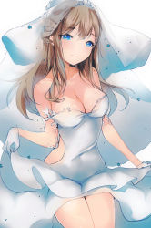  1girl backless_dress backless_outfit bare_shoulders blue_eyes blush breasts bridal_veil cleavage clothes_lift collarbone dress girls&#039;_frontline gloves highres light_brown_hair long_hair medium_breasts off-shoulder_dress off_shoulder peanutc skirt skirt_lift smile solo suomi_(girls&#039;_frontline) veil wedding_dress white_dress white_gloves  rating:Sensitive score:6 user:geoffmyname