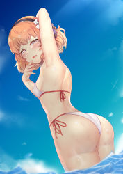  1girl ass bare_shoulders bikini blush breasts fire_emblem from_behind from_below genny_(fire_emblem) hairband half-closed_eyes highres huge_ass looking_at_viewer medium_hair nabunabu nintendo open_mouth orange_hair red_eyes shiny_skin sideboob smile solo swimsuit water wet wet_clothes wet_hair  rating:Questionable score:63 user:armorcrystal