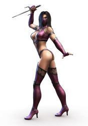 3d armband ass boots breasts cleavage elbow_gloves fingerless_gloves gloves hair_over_one_eye high_heels highres leotard mask mileena_(mortal_kombat) mortal_kombat_(series) nail_polish official_art sai_(weapon) shoes simple_background solo standing thigh_boots thighhighs yellow_eyes rating:Sensitive score:13 user:Orbitjewel