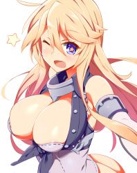 10s 1girl 9law areola_slip blonde_hair blue_eyes breasts cleavage elbow_gloves gloves iowa_(kancolle) kantai_collection large_breasts long_hair looking_at_viewer one_eye_closed open_mouth simple_background smile solo star-shaped_pupils star_(symbol) symbol-shaped_pupils white_background rating:Questionable score:20 user:danbooru