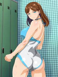 1girl anime_coloring arms_at_sides ass back bare_arms bare_back blue_eyes brown_hair cameltoe cleft_of_venus clenched_hand closed_mouth commentary_request cowboy_shot dimples_of_venus indoors light_smile locker locker_room looking_at_viewer looking_back monteriakitto one-piece_swimsuit original skin_tight solo standing swimsuit thighs
