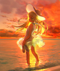  1girl bad_id bad_pixiv_id bare_shoulders blunt_bangs braid chromatic_aberration cloud cloudy_sky creatures_(company) dress from_side game_freak green_eyes hand_in_own_hair hat highres legs lillie_(pokemon) long_hair looking_at_viewer meipu_hm nintendo ocean orange_sky outdoors partially_submerged pokemon pokemon_sm see-through sky sleeveless sleeveless_dress slippers smile solo standing sun_hat sunset twin_braids unworn_slippers wading water white_dress wind wind_lift  rating:Questionable score:13 user:danbooru