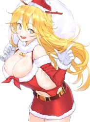 10s 1girl adapted_costume areola_slip battle_koala belt blonde_hair blue_eyes blush breasts christmas cleavage detached_sleeves fake_antlers gloves hat highres iowa_(kancolle) kantai_collection large_breasts long_hair navel open_mouth sack santa_costume santa_hat simple_background smile solo star-shaped_pupils star_(symbol) symbol-shaped_pupils white_background white_gloves rating:Questionable score:24 user:danbooru