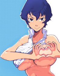  1girl breasts heart heart_hands jewelry large_breasts looking_at_viewer necklace nipple_piercing one_breast_out persona persona_4 piercing plow_(witch_parfait) shirogane_naoto smile solo upper_body  rating:Explicit score:48 user:Archivist03