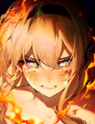  1girl absurdres black_hairband blue_eyes clenched_teeth collarbone commentary crying crying_with_eyes_open english_commentary fire firefly_(honkai:_star_rail) furrowed_brow glowing_veins green_pupils hair_between_eyes hairband highres honkai:_star_rail honkai_(series) li_nauu long_hair multicolored_eyes portrait red_eyes sidelocks solo tears teeth veins white_hair 