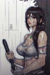  1girl breasts brown_hair female_focus gradient_background highres lara_croft nature outdoors plant see-through solo tomb_raider tomb_raider_(reboot) wet wet_clothes zeronis  rating:Questionable score:76 user:eloquentdevice