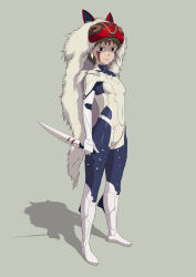 1girl alternate_costume animal_ears ats_(ats2nd) blue_bodysuit bodysuit breasts brown_hair cape commentary covered_navel dagger earrings english_commentary facial_mark fake_animal_ears full_body fur_cape grey_background highres holding holding_knife jewelry knife looking_to_the_side mask mask_on_head mononoke_hime san_(mononoke_hime) shadow short_hair simple_background small_breasts solo standing two-tone_bodysuit weapon white_bodysuit