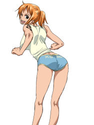  1girl :d ass from_behind kuri_(pienu) leaning_forward long_hair looking_back nami_(one_piece) one_piece open_mouth orange_hair short_shorts shorts smile solo tattoo wink  rating:Sensitive score:48 user:jaslau